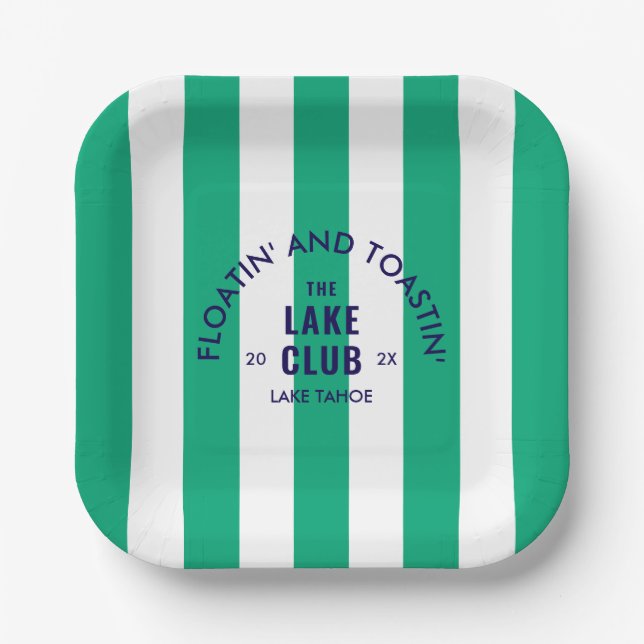 Floatin' And Toastin' The Lake Club Green Stripe Paper Plate (Front)