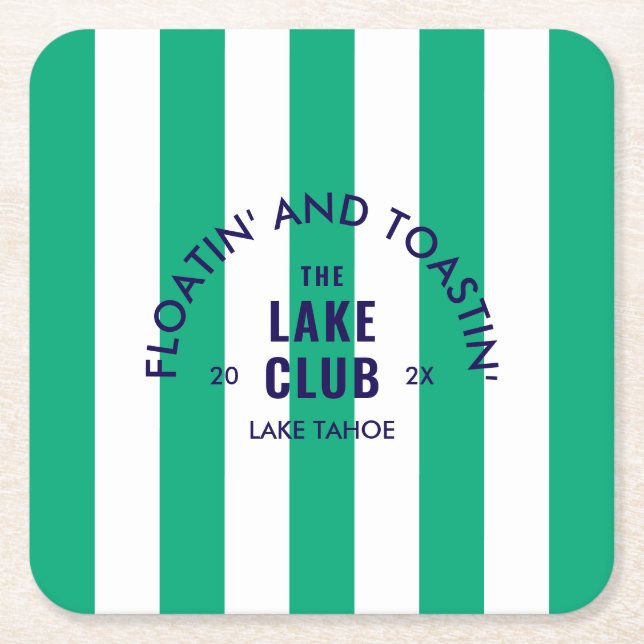 Floatin' And Toastin' The Lake Club GreenStripe Square Paper Coaster (Front)