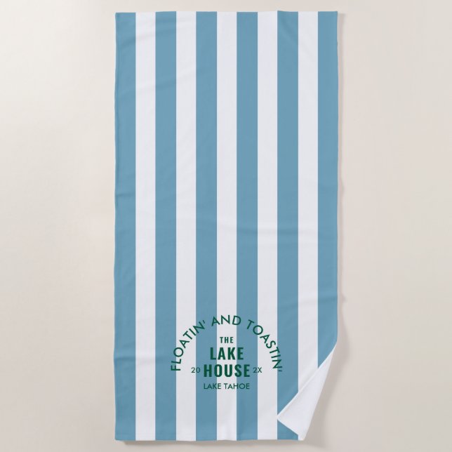 Floatin' And Toastin' The Lake House Blue Stripe Beach Towel (Front)