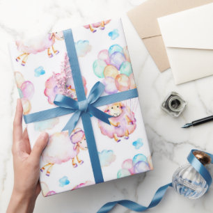 Floating Balloons Lambs Clouds in Pastels Wrapping Paper