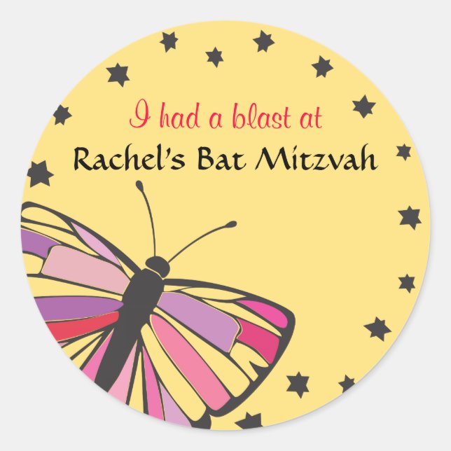FLOATING BUTTERFLY Bat Mitzvah Invitation Classic Round Sticker (Front)