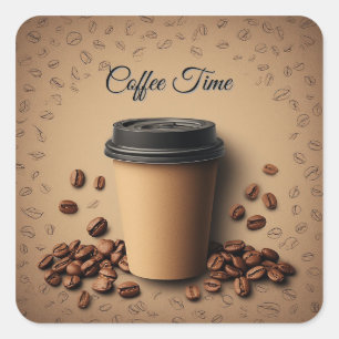 Floating Coffee Cup With Coffee Beans Square Sticker