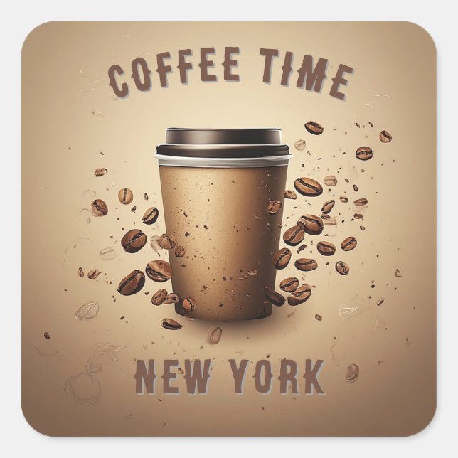 Floating Coffee Cup With Coffee Beans Square Sticker (Front)
