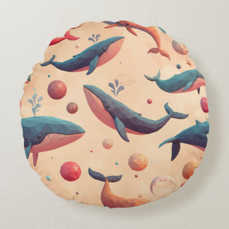 Floating Cosmic Whales Round Cushion