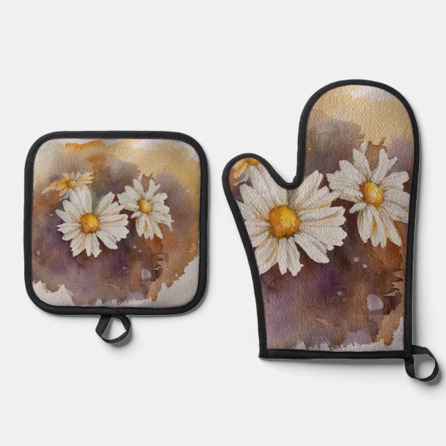 Floating Daisy Watercolor  Oven Mitt & Pot Holder Set (Front)