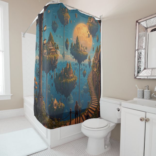 Floating Dreamscapes: Surreal Sky Islands Shower Curtain (In Situ)