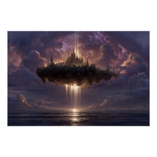 Floating Fantasy Castle Cloud Beams Glow Poster