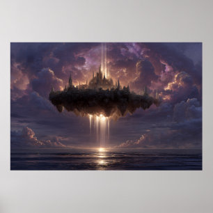 Floating Fantasy Castle Cloud Beams Glow Poster
