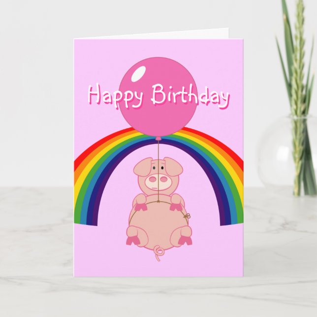 floating flying pig over the rainbow birthday card (Front)