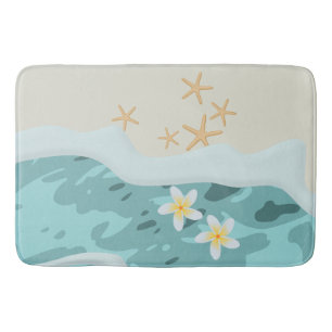 Floating Frangipanis on Beach Wave Meet Starfishes Bath Mat