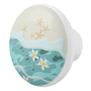 Floating Frangipanis on Beach Wave Meet Starfishes Ceramic Knob