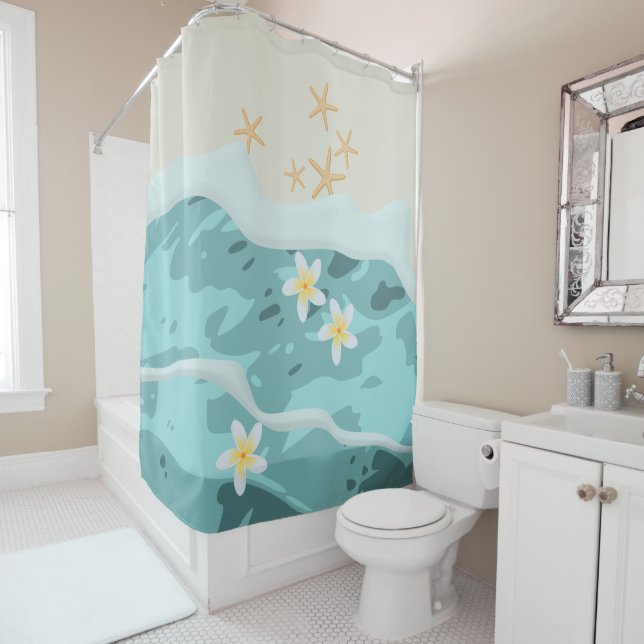 Floating Frangipanis on Beach Wave Meet Starfishes Shower Curtain (In Situ)
