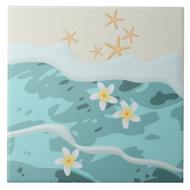 Floating Frangipanis on Beach Wave Meet Starfishes Tile (Front)