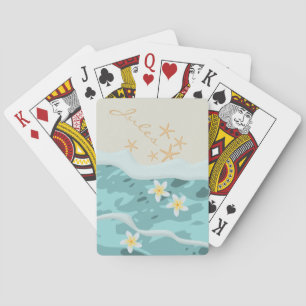 Floating Frangipanis on Beach Wave Starfishes Name Playing Cards