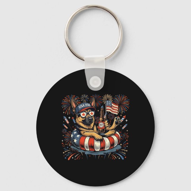Floating German Shepherd Patriotic Dogs Fireworks Key Ring (Front)