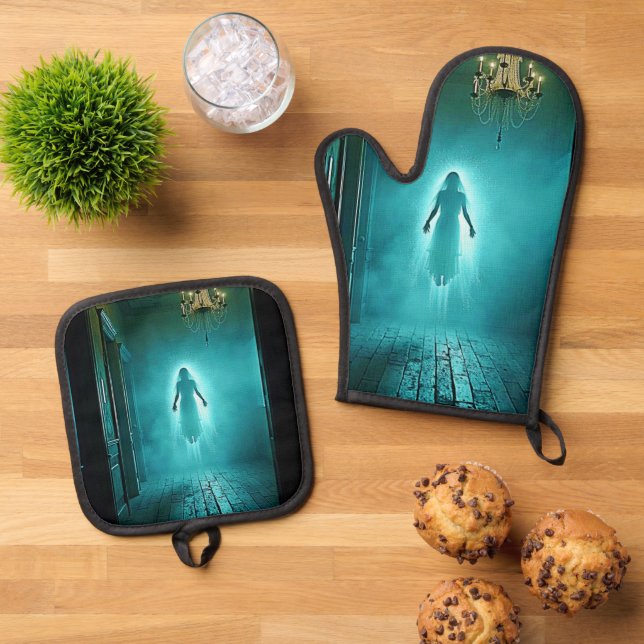 Floating Ghostly Apparition Oven Mitt & Pot Holder Set (Top Down)