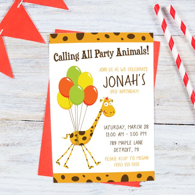 Floating Giraffe with Balloons Birthday Party Invitation (Creator Uploaded)