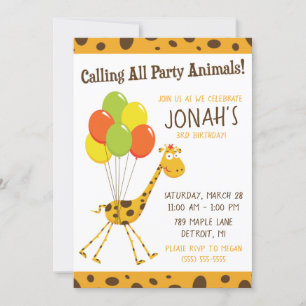 Floating Giraffe with Balloons Birthday Party Invitation