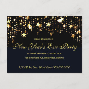 Floating Gold Stars and Dots New Year's Eve Party Invitation Postcard