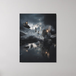 Floating Gothic Ruins Cosmic Mirror Night Canvas Print
