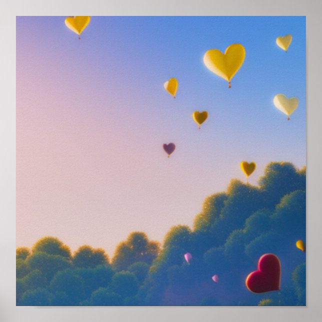 Floating Heart Balloons in the Sky Poster (Front)