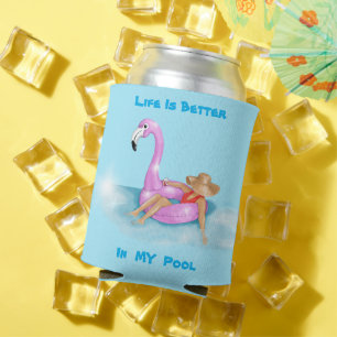 Floating in the Pool in Hot Pink Flamingo Float, C Can Cooler