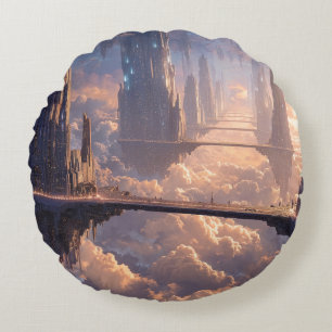 Floating Metropolis in the Clouds Round Cushion