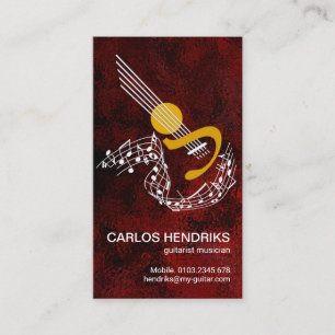 Floating Music Notes Guitar Riffs Red Grunge Business Card
