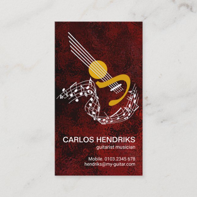 Floating Music Notes Guitar Riffs Red Grunge Business Card (Front)