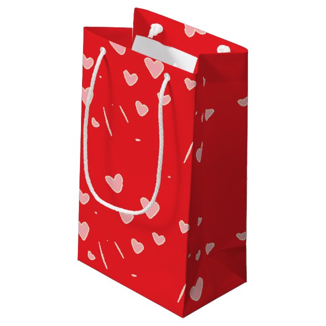 Floating pink hearts on red small gift bag (Back Angled)
