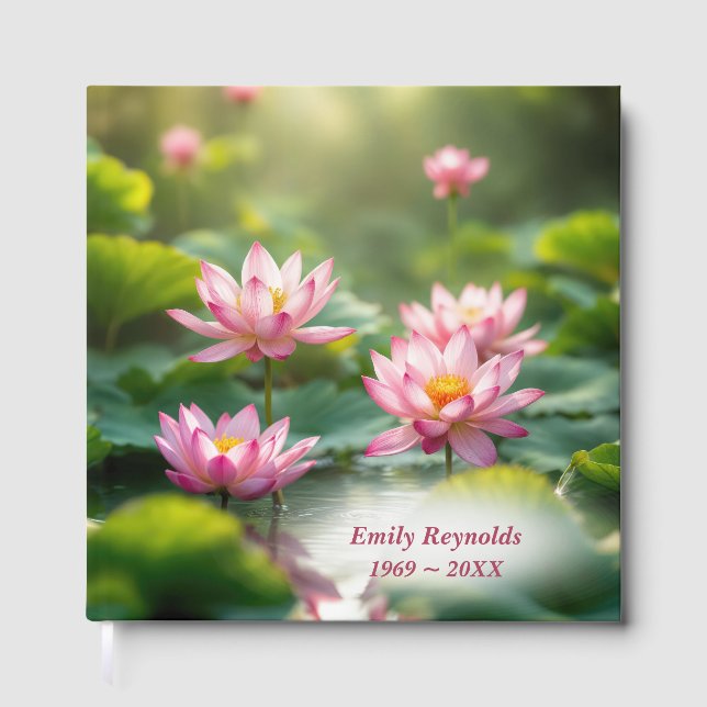 Floating Pink Lotus and Lily Pads In Pond Guest Book (Front)