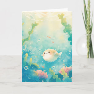 Floating Pufferfish Among the Seaweed Card