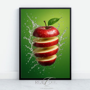 Floating Red Apple with Water Splash Digital Art Poster