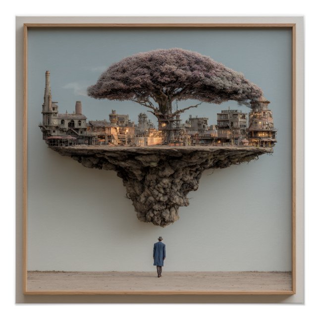 Floating Ruined City Blossom Tree Surreal Poster (Front)