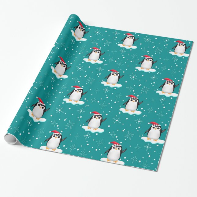 Floating Santa Penguin Wrapping Paper (Unrolled)