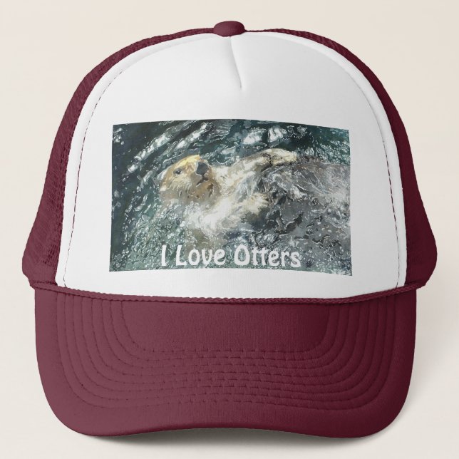 Floating Sea Otter "I Love Otters!" Trucker Hat (Front)