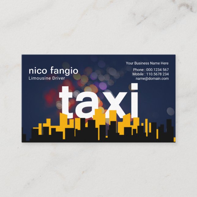 Floating TAXI Night Lights Bokeh City Skyline Taxi Business Card (Front)
