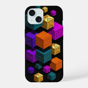 Floating Tribal Cubes - 3D Isometric Gold Teal  iPhone 15 Case