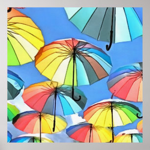 Floating Umbrella Sky Whimsical Parasols Art Poster