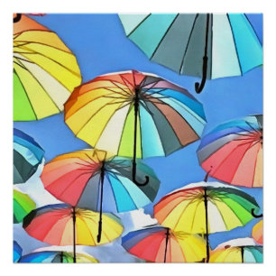 Floating Umbrella Sky Whimsical Parasols Art Poster