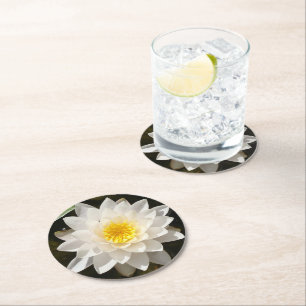 Floating White Waterlily Lotus Round Paper Coaster