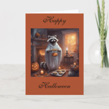Floaty Ghost Racoon Halloween greeting card