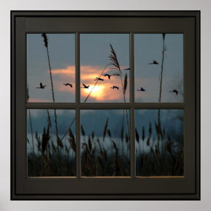 Flock of Birds Faux Window Illusion 24x24 Black Poster