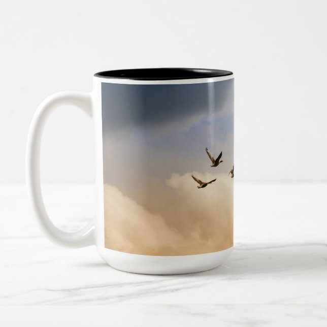 Flock of Birds in Flight Two-Tone Coffee Mug (Left)