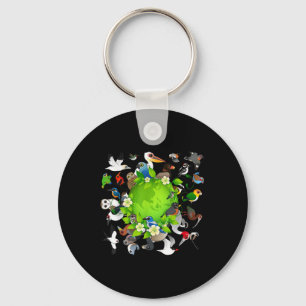 Flock Of Cartoon Birds Around Earth _ Earth Day Bi Key Ring