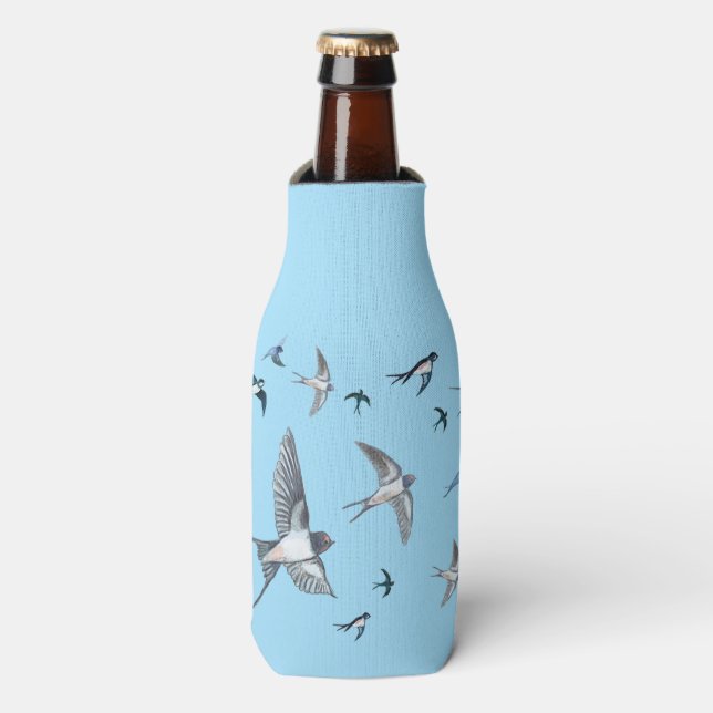 Flock Of Flying Swallow Birds Illustration Bottle Cooler (Bottle Front)