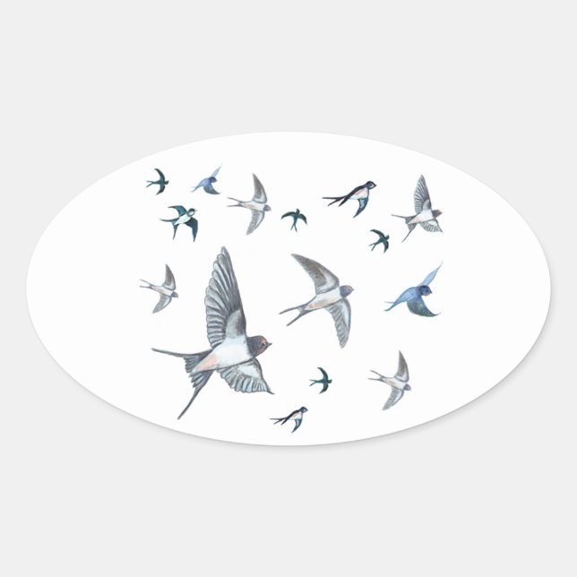 Flock Of Flying Swallow Birds Illustration Oval Sticker (Front)