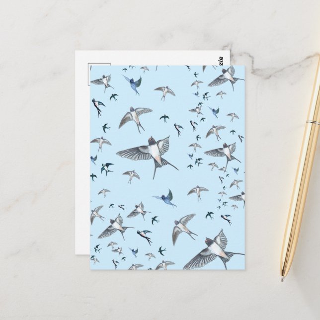 Flock Of Flying Swallow Birds Illustration Postcard (Front/Back In Situ)