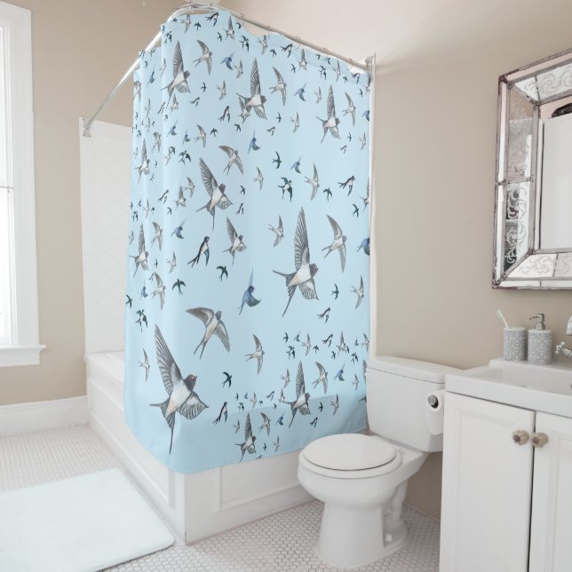 Flock Of Flying Swallow Birds Illustration Shower Curtain (In Situ)