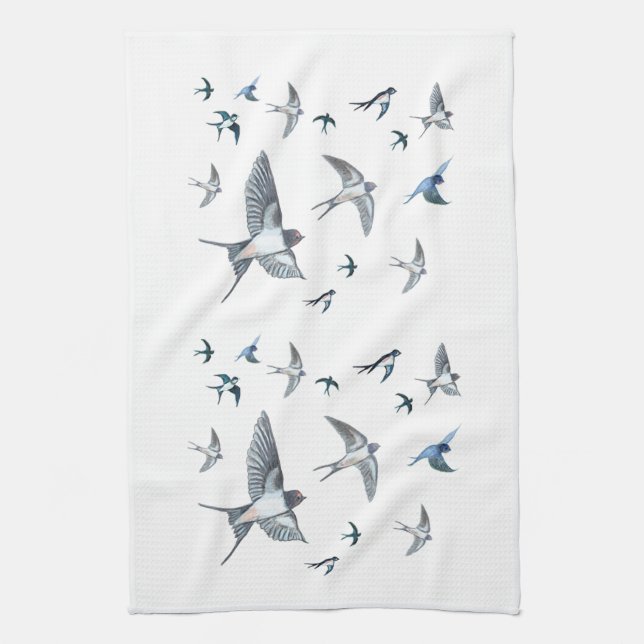 Flock Of Flying Swallow Birds Illustration Tea Towel (Vertical)